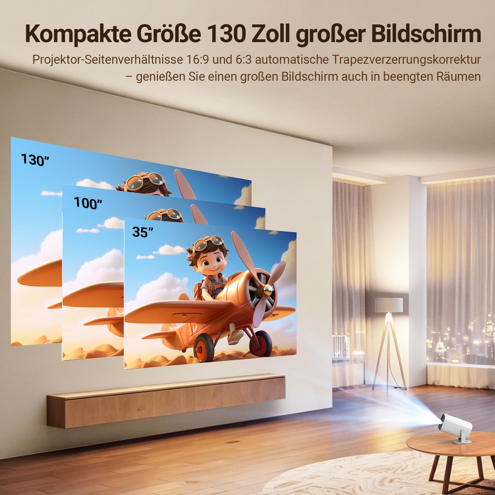 Mini Beamer Unterstützt 4K 1080P,2026 Tragbarer Smart Projektor mit WiFi 6 und BT 5, Automatische Trapezkorrektur, Mini Projektor 180° Drehung Beamer für Heimkino/Outdoor für Handy/HDMI/Laptop