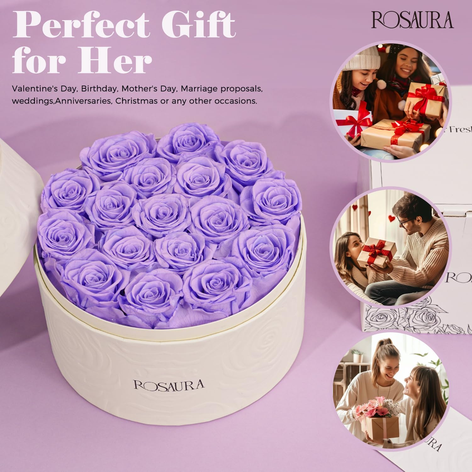 Rosaura Round Preserved Roses Gift Box (Light Purple, 17 Roses)