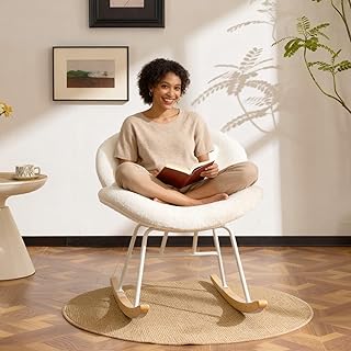 VINGLI 25.6" Extra Wide Nursery 115° Armless Rocking Chair, Curved Cute Cross-Legged Glider Chair with Pillow & Solid Wood, Nursing Chair for Bedroom, Living Room, Teddy Fleece, White Cream