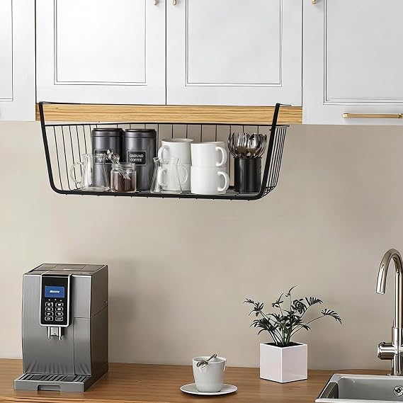 Undershelf Storage Basket Under Shelf Wire Basket Household Metal Under Shelf Hanging Storage Bin Basket Slides Under Shelves for Storage Space Saving for Kitchen Pantry Bookshelf (Medium, 2 PCS)