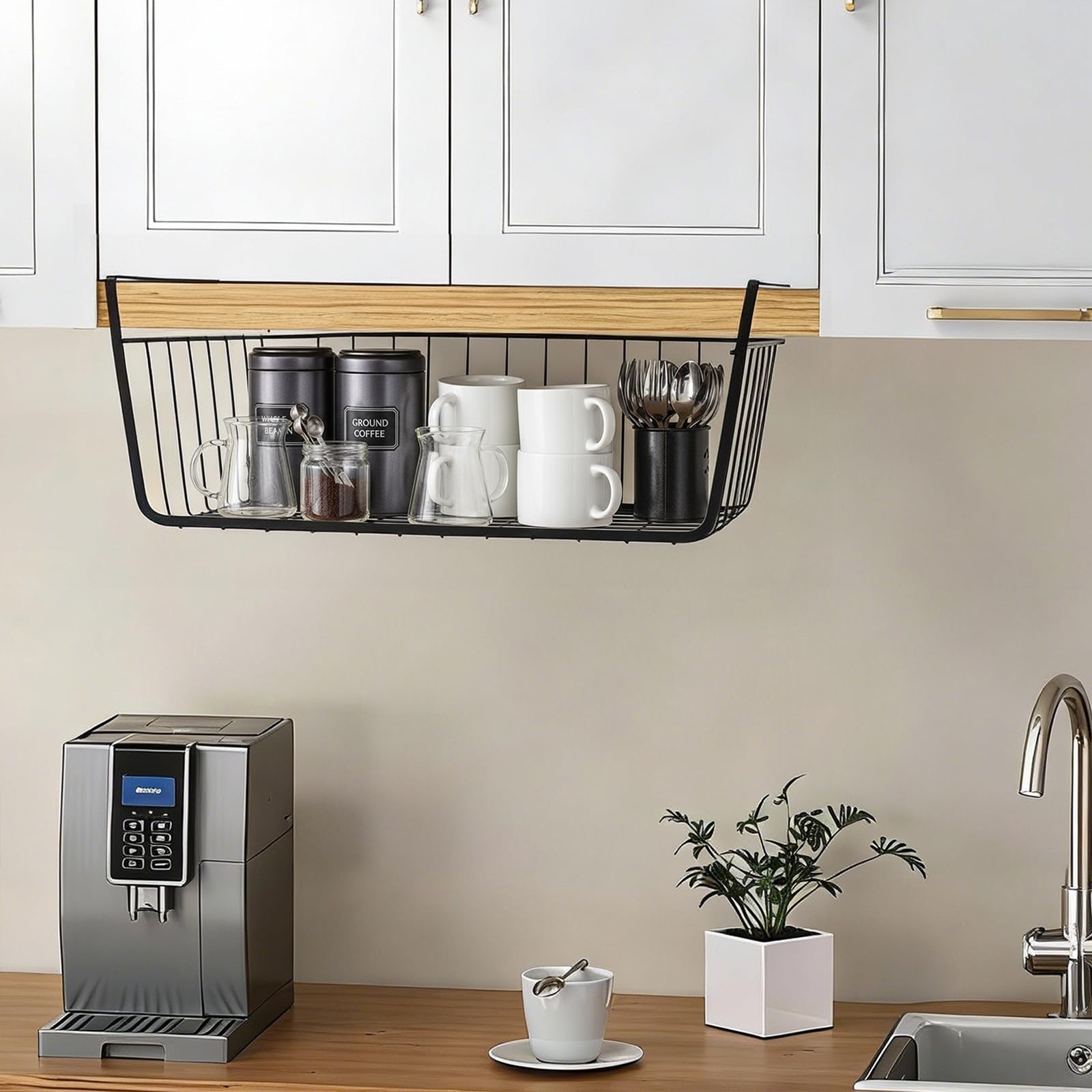 Cesta de almacenamiento para debajo del estante, cesta de alambre para el hogar, de metal debajo del estante, para colgar la cesta de almacenamiento para guardar espacio para cocina, despensa,
