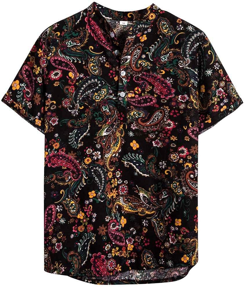 Men's Ethnic Short Sleeve Casual Cotton Linen Printing Slim Fit Hawaiian Shirt (Multicolor, 3XS)