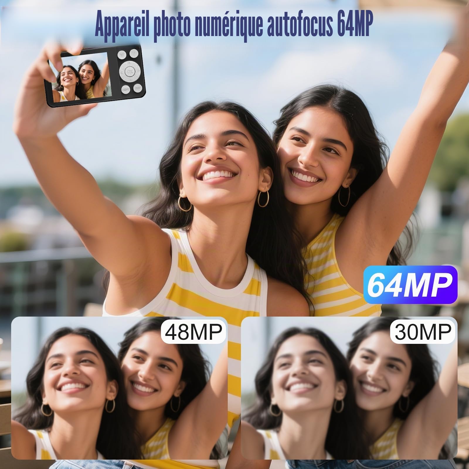 OBEST Appareil photo numérique 4K 64 Go, 64 MP, autofocus, avec écran LCD 2,8", zoom numérique 18x, mini appareil photo portable 2000 mAh pour adolescents, adultes et débutants