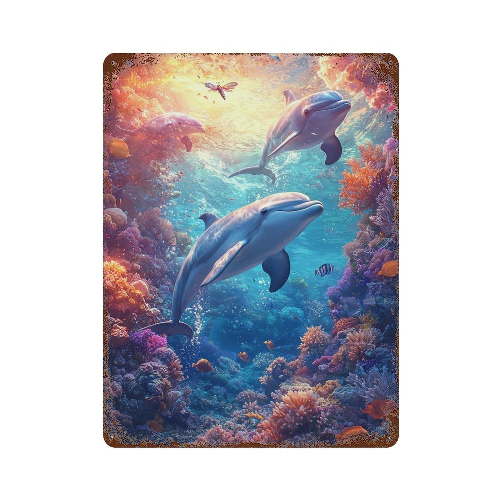 Ocean Life Dolphins & Coral Reef 15.7"x11.8" Decorative Tin Sign, Retro Wall Decor for Garage, Bar And Workshop Decor