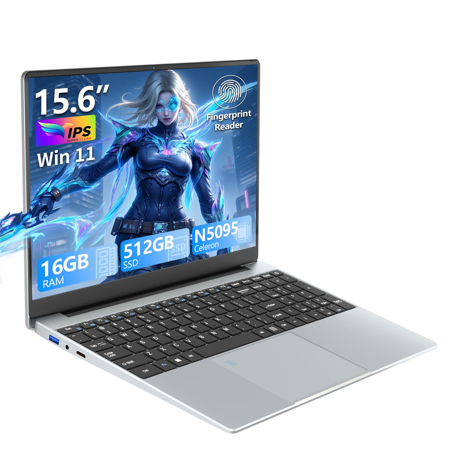 15.6" Portátile, Ordenador Portatil 16GB RAM 512GB SSD, Celeron N5095, Win 11 PC Portatil Desbloqueo Huellas Dactilares+Teclado Retroiluminado, 180°Opening and Closing Pantalla, Mini-HDMI+USB3.0