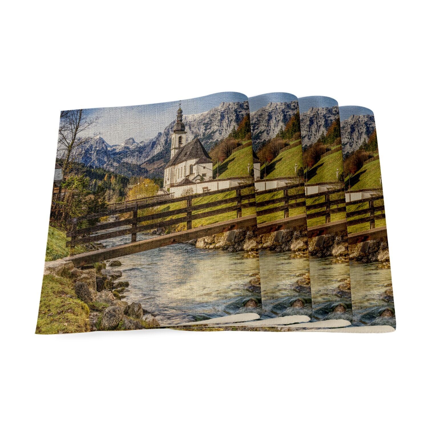 Sets de table en lin 40x28,5 cm avec impression artistique eglise de montagne
