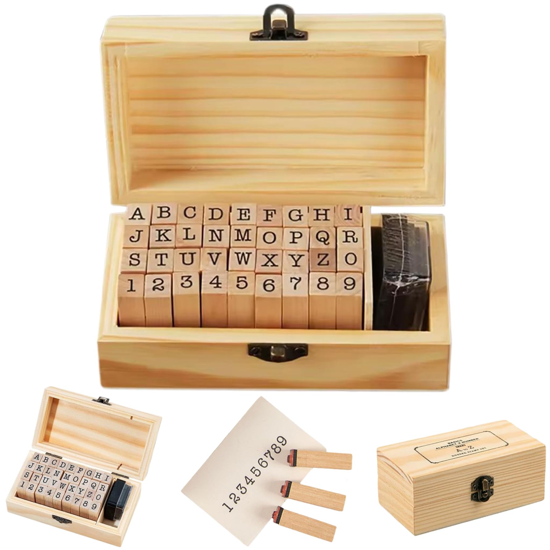 1 Set Letter Stamps for Clay, Mini Wooden Letter Stamps and Ink Pad, Number and Alphabet for Card Making with Black Ink Pad and Wooden Box Set, Alphabet