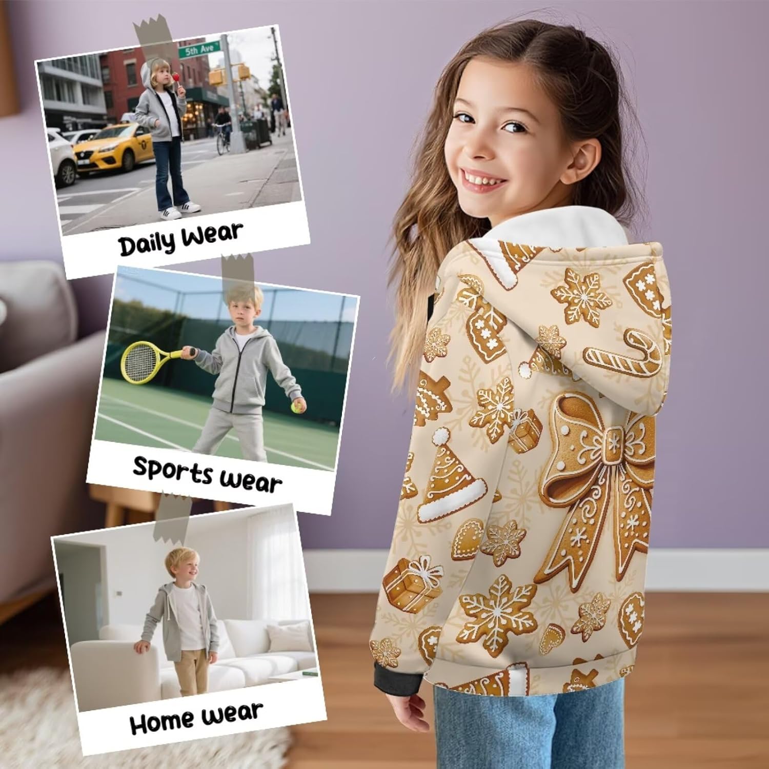 Girls Christmas Hoodies Sweatshirts Winter Zip Up Jacket with Kangaroo Pockets