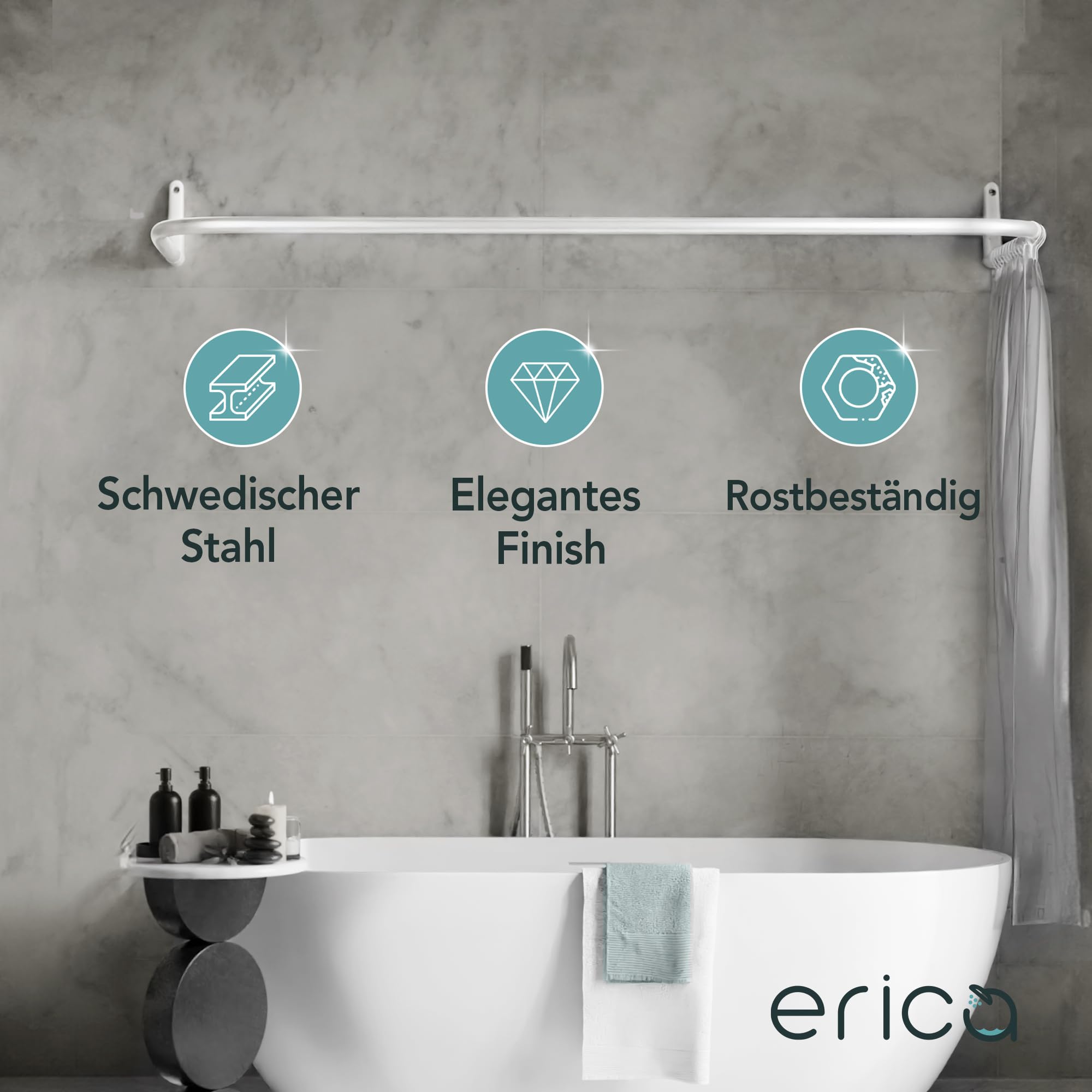 Erica Duschstange U Form, 70x165x70 cm, Montage Gegen die Wand, Eckduschstange für Badewanne ohne Halterung an der Decke, 100% Rostfrei (weiß)