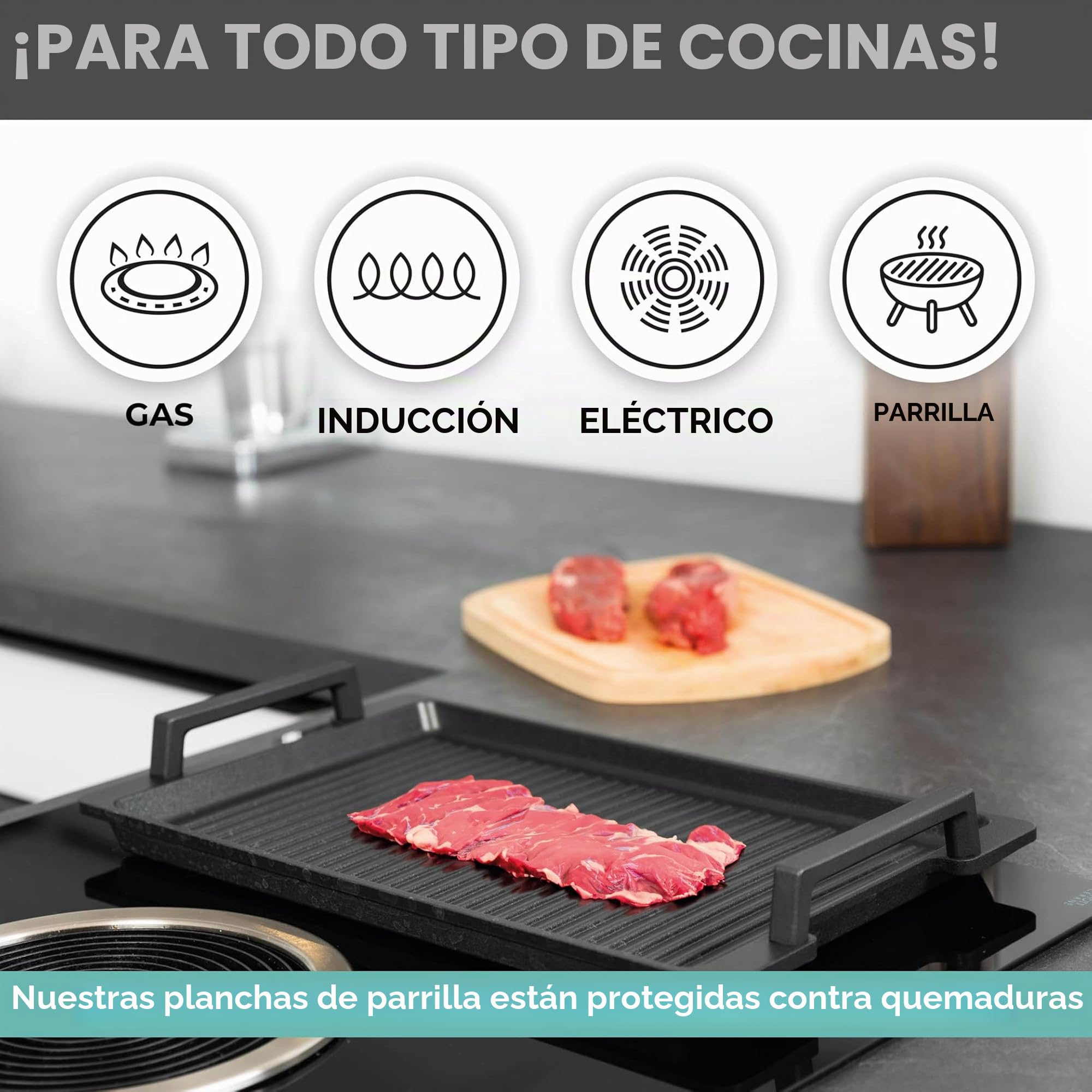 Plancha de aluminio fundido - 43 x 28 x 2,5 cm - Para inducción y todo tipo de cocinas - Recubrimiento antiadherente - Antideslizante - Made in Germany - Sin PFOA