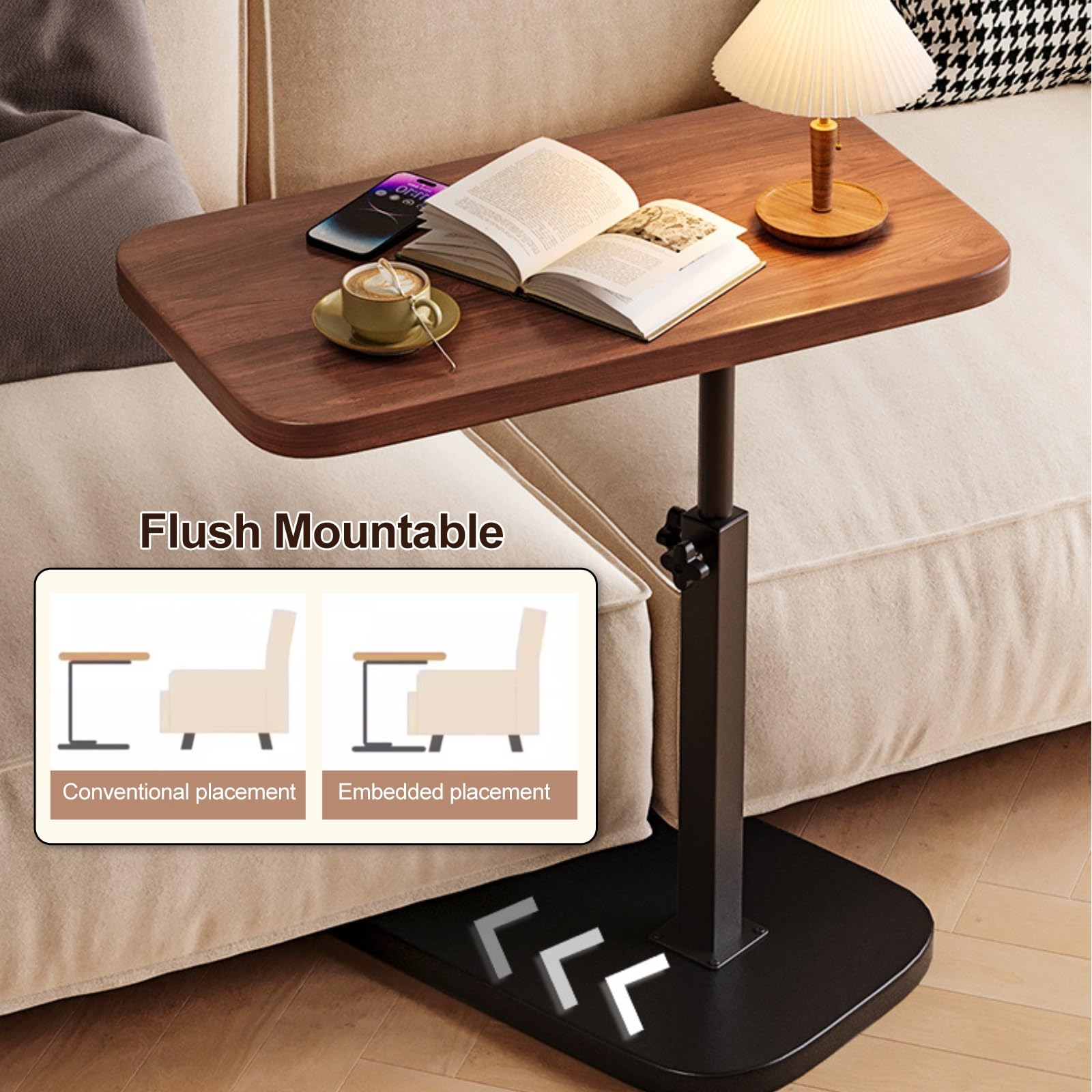 Mesitas Auxiliares Pequeñas en Forma de C de Altura Ajustable, Mesa Auxiliar Sofa Giratorias de 360°, Mesa Auxiliar Cama para Sala de Estar y Dormitorio para Sofá, Cama, Silla, Refrigerio(Brown)