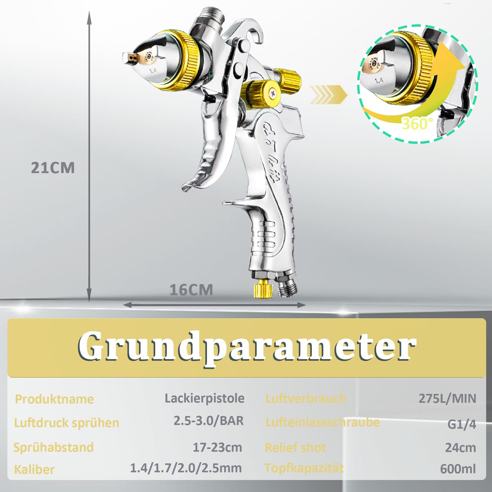 HVLP Pistola a spruzzo con 4 ugelli – 1,4 mm & 1,7 mm & 2,0 mm & 2,5 mm & 2,5 mm, pistola professionale per verniciatura ad aria compressa con bicchiere di plastica da 600 ml (giallo)
