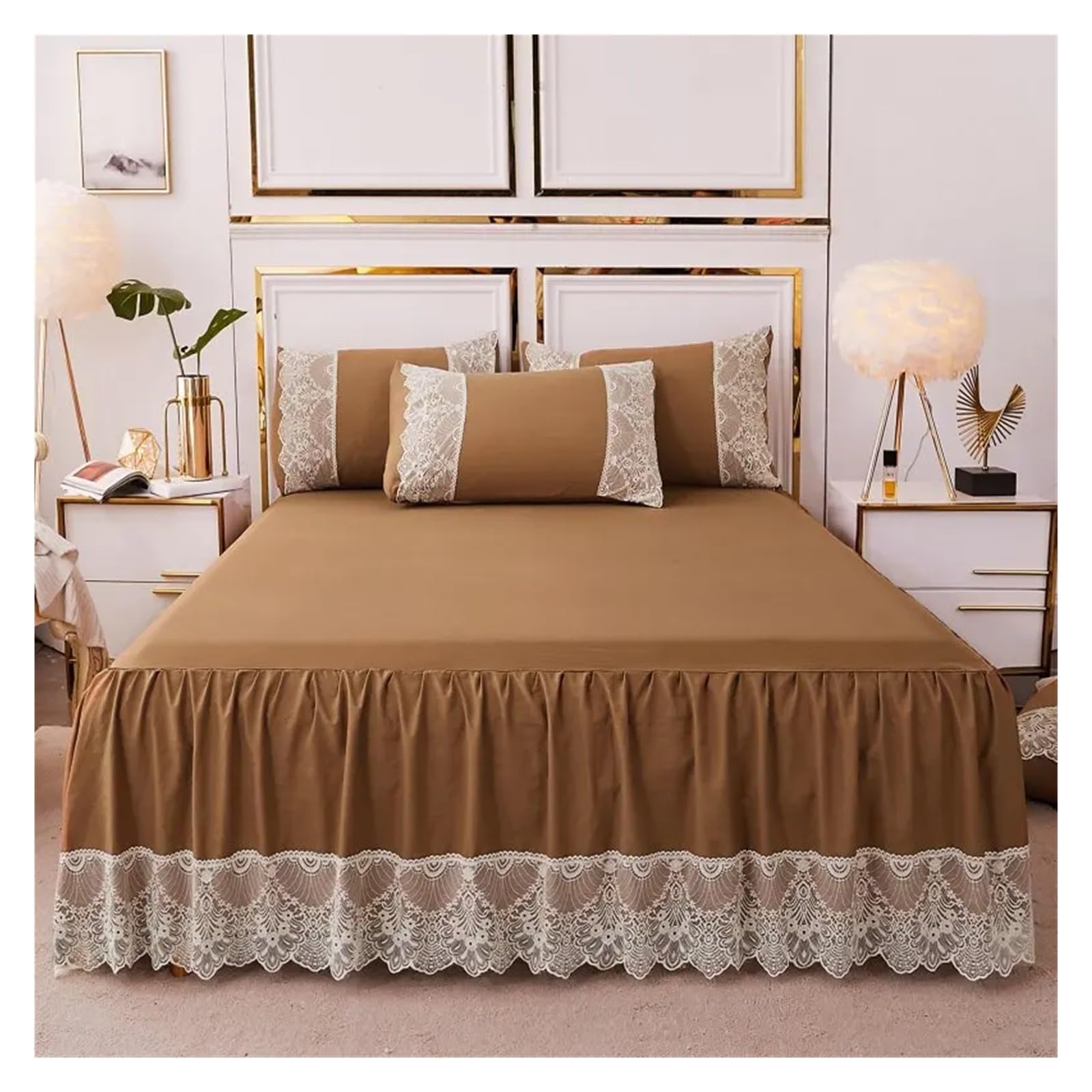 Washed Lace Bed Skirt With Pillowcases Bedding Bedspreads Sheet Solid Color Lace Bedding Set(01,180x200cm 3pcs)