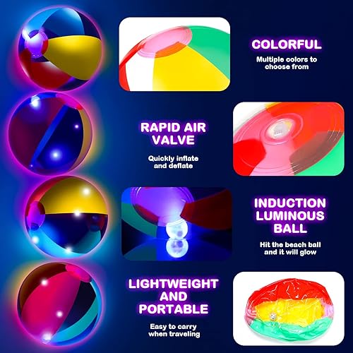 Miniatura 3 de Zhanmai Bola de playa flotante e inflable que brilla en la oscuridad, color arcoíris de 9 pulgadas, de inflado a desinflado, para verano, piscina,