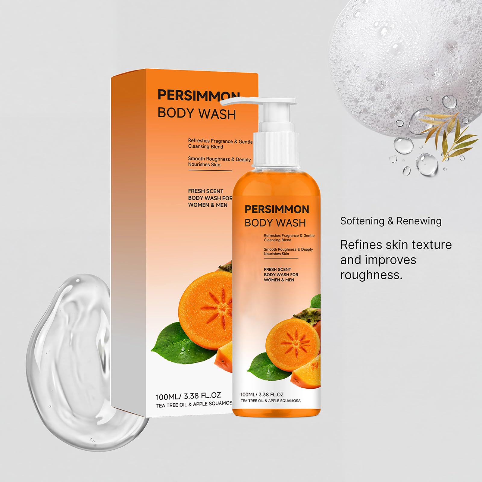 Bagnoschiuma al cachi per il controllo degli odori, bagnoschiuma idratante per odori corporei persistenti, gel doccia detergente profondo per pelli sensibili – ideale da viaggio. (6pcs)