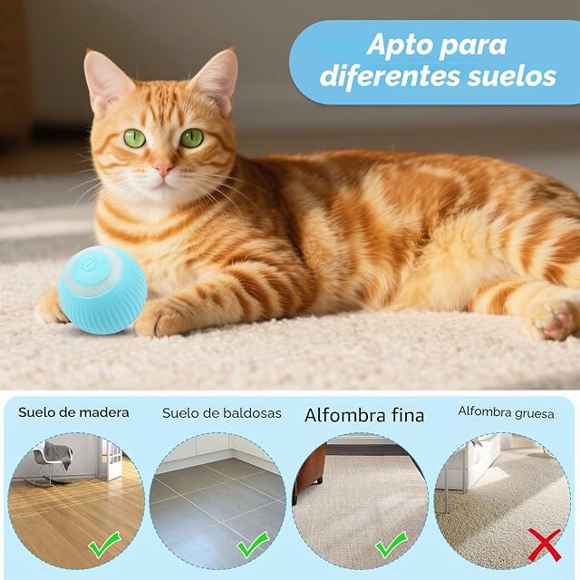 Foto 6 de 8 de Gerbala Juguete para gatos, pelota eléctrica recargable con rotación de 360°, con USB y luces LED, color azul