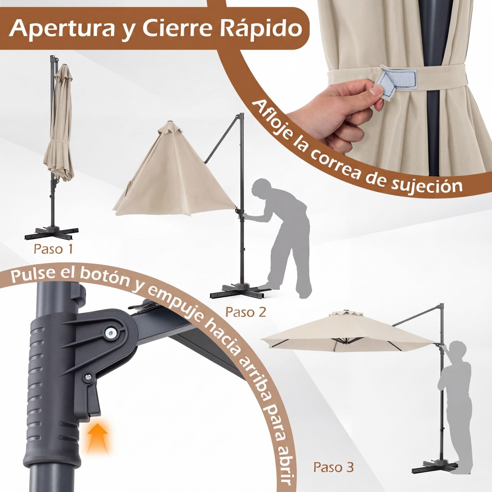 COSTWAY Sombrilla Terraza Exterior, Parasol Excentrico Jardín con Rotación de 360°, Varillas Metálicas y Base en Cruz, Parasol Colgante Exterior para Patio Terraza Piscina (300 cm,Beige)