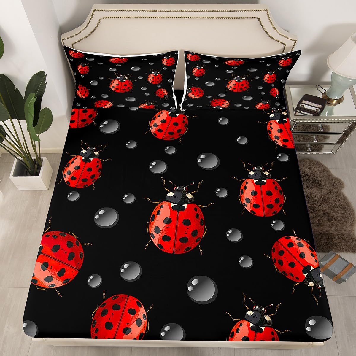 Erosebridal Ladybug Sheet Set Queen Size Red Ladybugs Bed Sheets for Kids Child,Cute Ladybird Fitted Sheet Beetles Bugs Pattern Bed Cover Lady Beetle Raindrop Black Background Room Decor