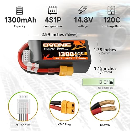 Miniatura 2 de OVONIC 4s Lipo Battery 120C 1300mAh 14.8V Lipo Batería con enchufe XT60 para RC FPV Racing Drone Quadcopter (2 paquetes)