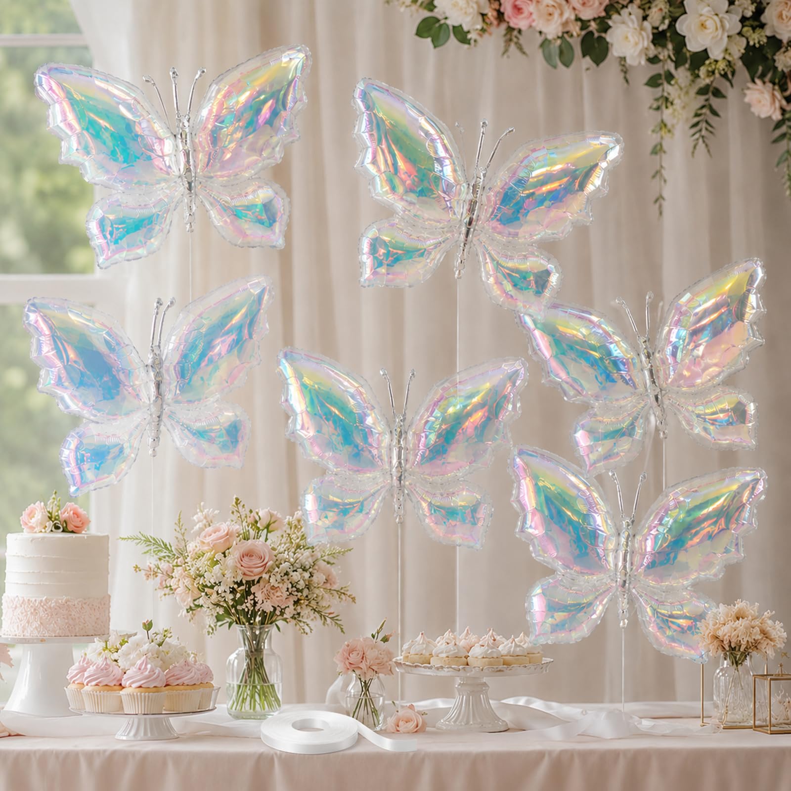 Iridescent Butterfly Balloons, 6 Pcs Clear Holographic Foil Balloons for Birthday Baby Shower Mermaid Rainbow Wedding Woodland Forest Party Decorations