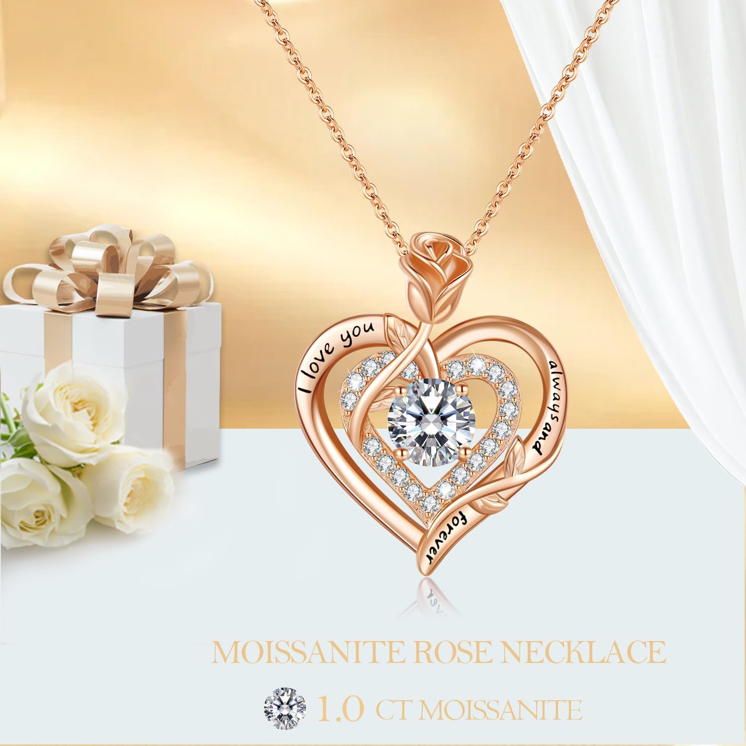 LAVUMO Moissanite Necklace Women Silver 925, 1 Carat Moissanite Diamond Double Heart Rose Pendant Christmas Valentines Day Birthday Jewelry Gifts for Women Girlfriend Mom - Image 2