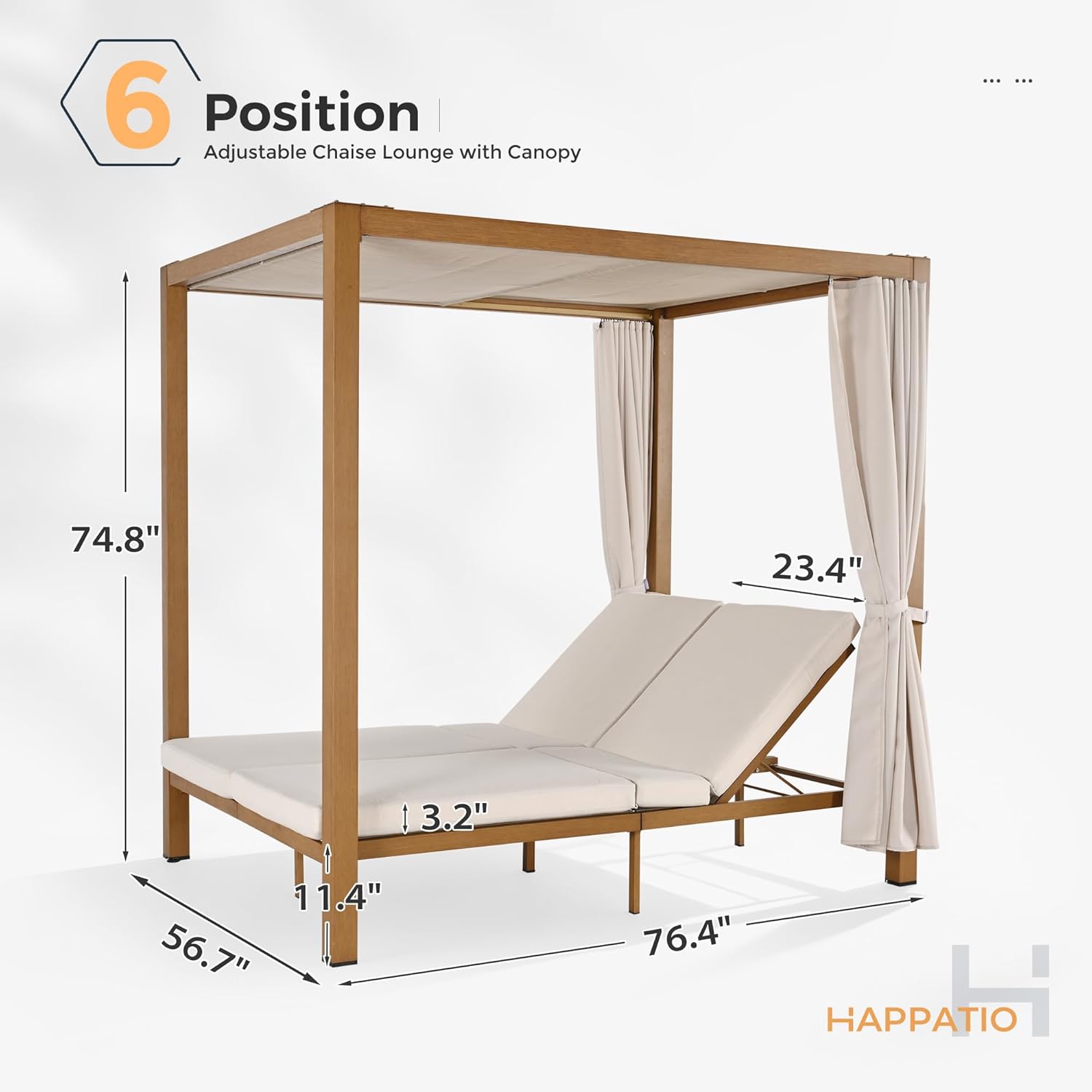 HAPPATIO Outdoor Patio Daybed with Retractable Canopy Bed,Patio Chaise Lounge with Adjustable Backrest, Wood-Like Aluminum Frame with Cushion & Curtain,Outdoor Chaise for Outside Pool,Garden