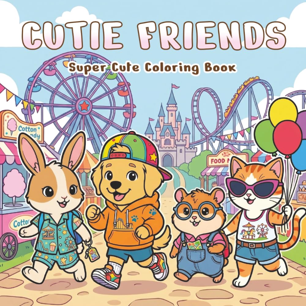 Cutie Friends Super Cute Coloring Book: Fun Animal Adventures with Kawaii Bunny, Puppy, Cat, and Hamster for Kids