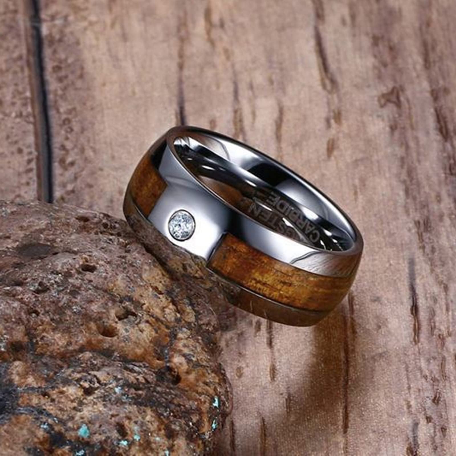 Gualiy Anelli Tungsteno Uomo, Anelli Punk Rock Anello in Argento 8mm Intarsiato in Legno Anelli Taglia 15 a 27