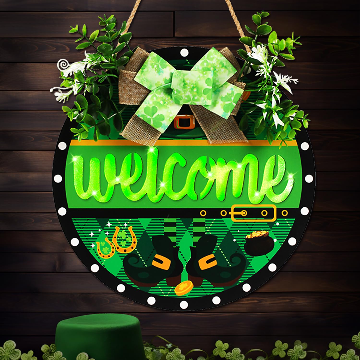 Photo 1 of St Patricks Day Decorations for Front Door, Irish Wreath Hanging Welcome Sign with Lighted, St Patrick's Day Wooden Decorations Farmhouse Irish Holiday for Home Decor Indoor Outdoor