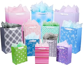 12 Pack Gift Bags Assorted Sizes and Designs, Gift Bags Bulk with Tissue Paper 5 Medium 8", 4 Large 11", 3 Extra Large 14" for Birthday, Baby Showers, Bridal Showers, Easter Day Any Occasion