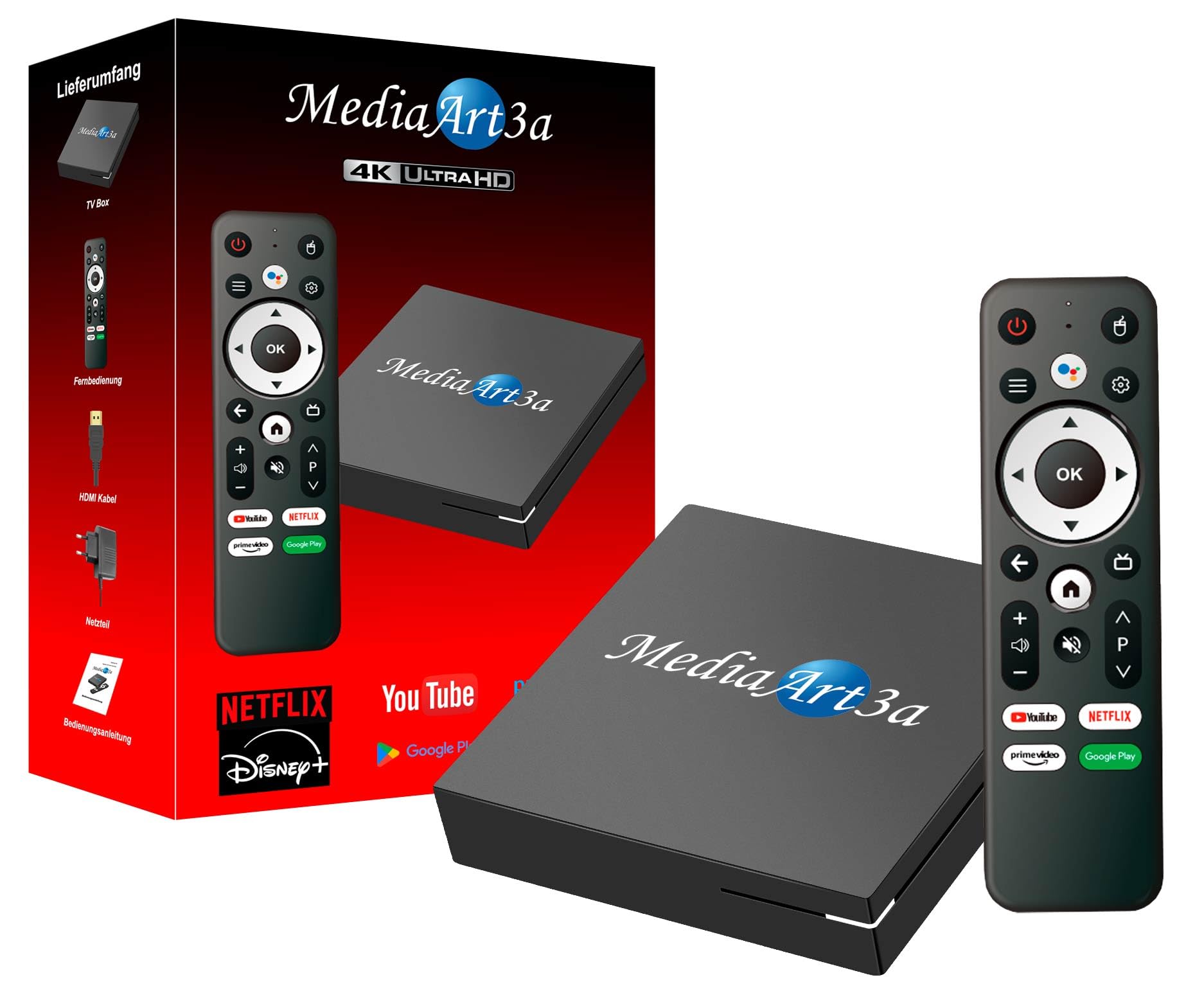 Mediaart-3a Pro 4K Android TV Box (4GB RAM + 32GB) Streaming Smart TV Box Quad Core, Rockchip 3518 Dual WLAN 2.4G/5G 4K 60fps Media Player YouTube, Browser HDMI 2.0, Ethernet-Anschluss (RJ45), WiFi