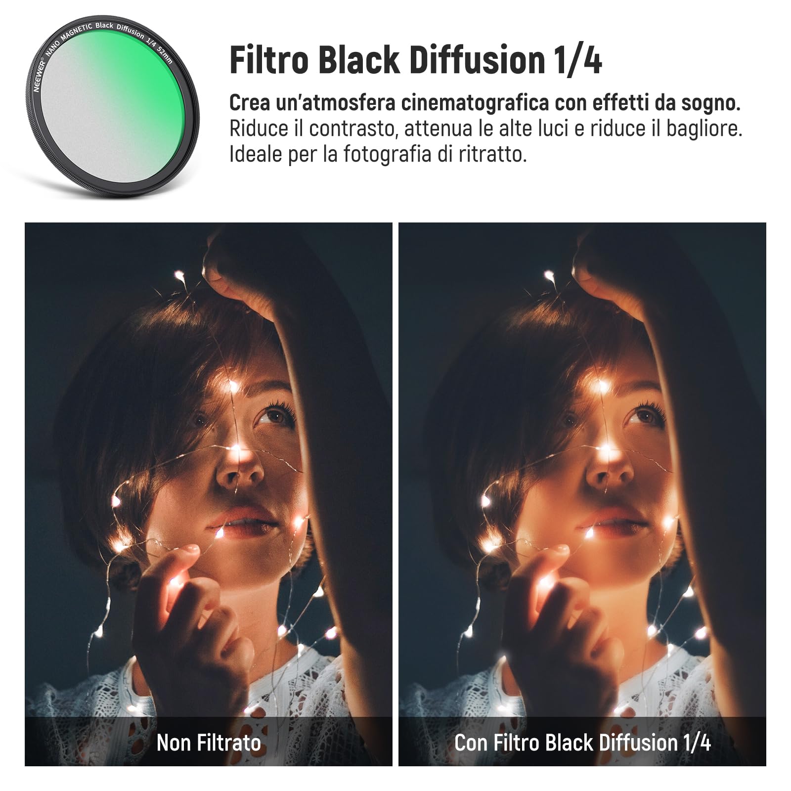 NEEWER 52mm Kit Filtro Magnetico con Anello Adattatore/Stella a 4 Punte/True Color CPL/Black Diffusion 1/4 Compatibile con SmallRig NEEWER Gabbia per Telefono con Attacco M per iPhone 14 13 12 serie