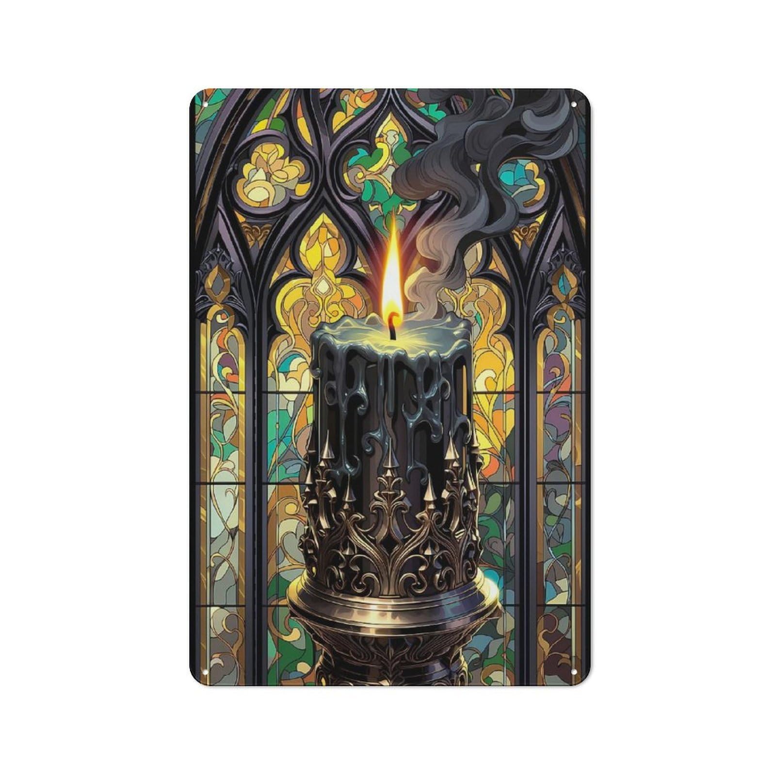 Junmoney Style-4 Gothic Candle In Stained Glass Rustic Metal Sign 30X20cm, Barn Style Farmhouse Wall Decor For Kitchen, Cottage, Porch Or Garden Room