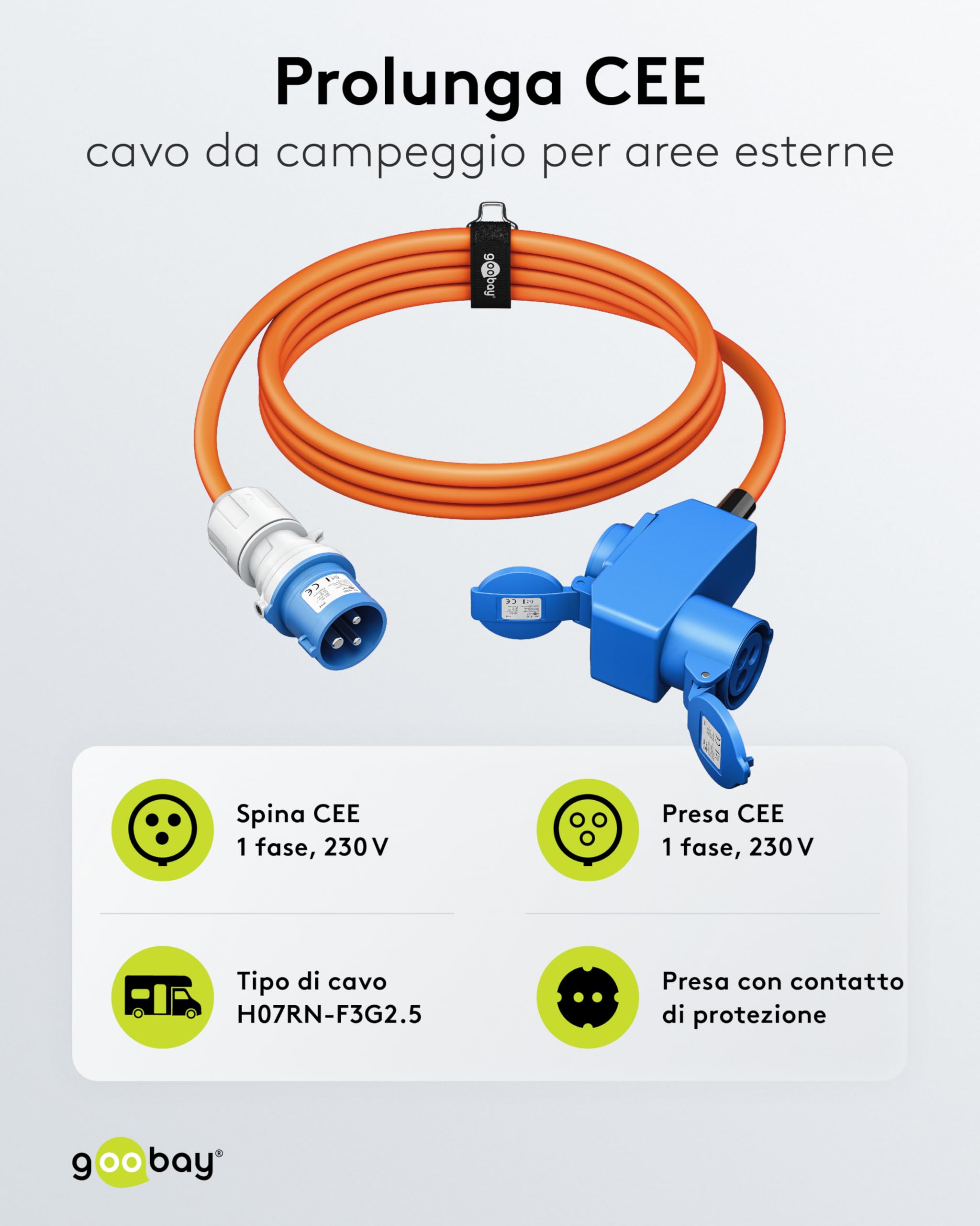 goobay Cavo adattatore CEE per caravan, 1,5 m, spina CEE a 90° presa CEE e presa di contatto di protezione con tappi di chiusura, cavo da campeggio, camper e caravan, 76232