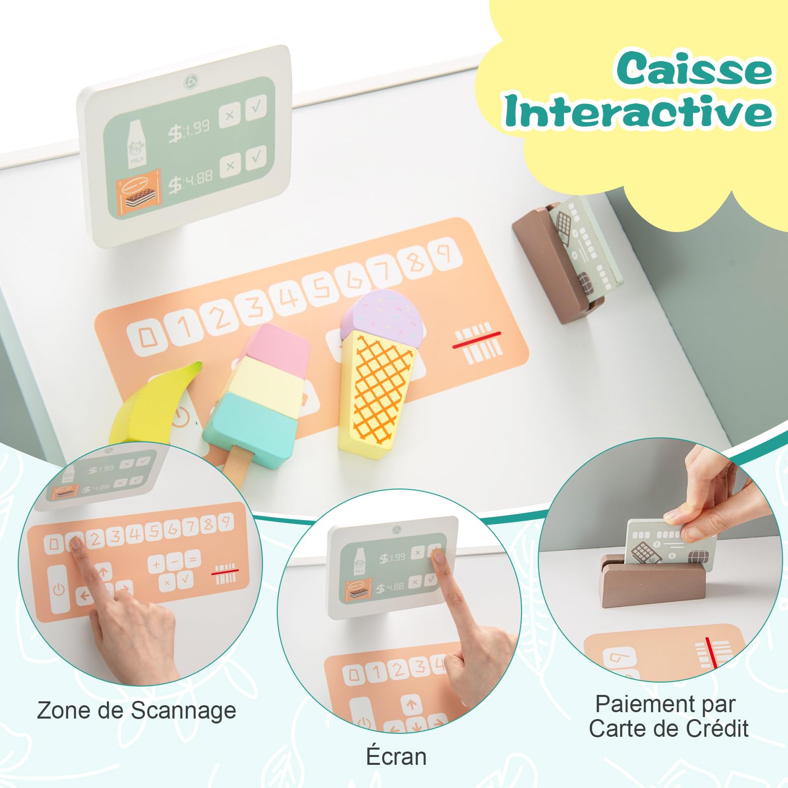 Épicerie En Bois Pour Enfants – 13 Accessoires, Caisse Enregistreuse, Distributeur, 5 étagères – Jeu D'imitation 3-8 Ans