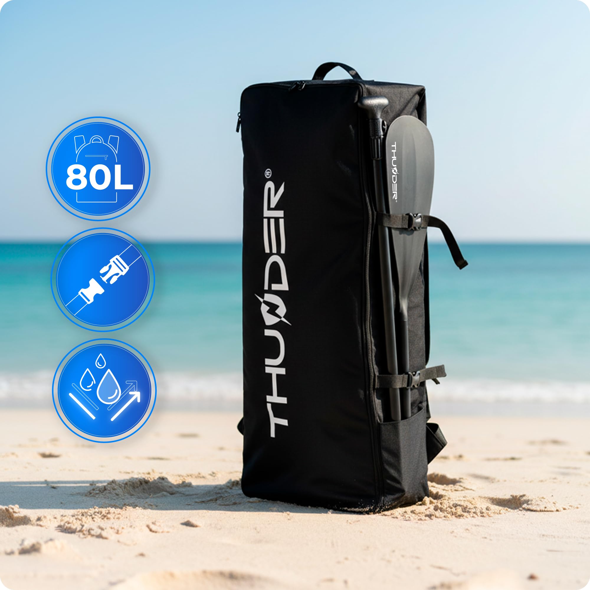THUNDER Tabla de Sup Inflable de 320 cm con Asiento de Kayak – Set de Stand Up Paddle Board con Bomba, Remo y Mochila – Antideslizante para Adultos y Principiantes