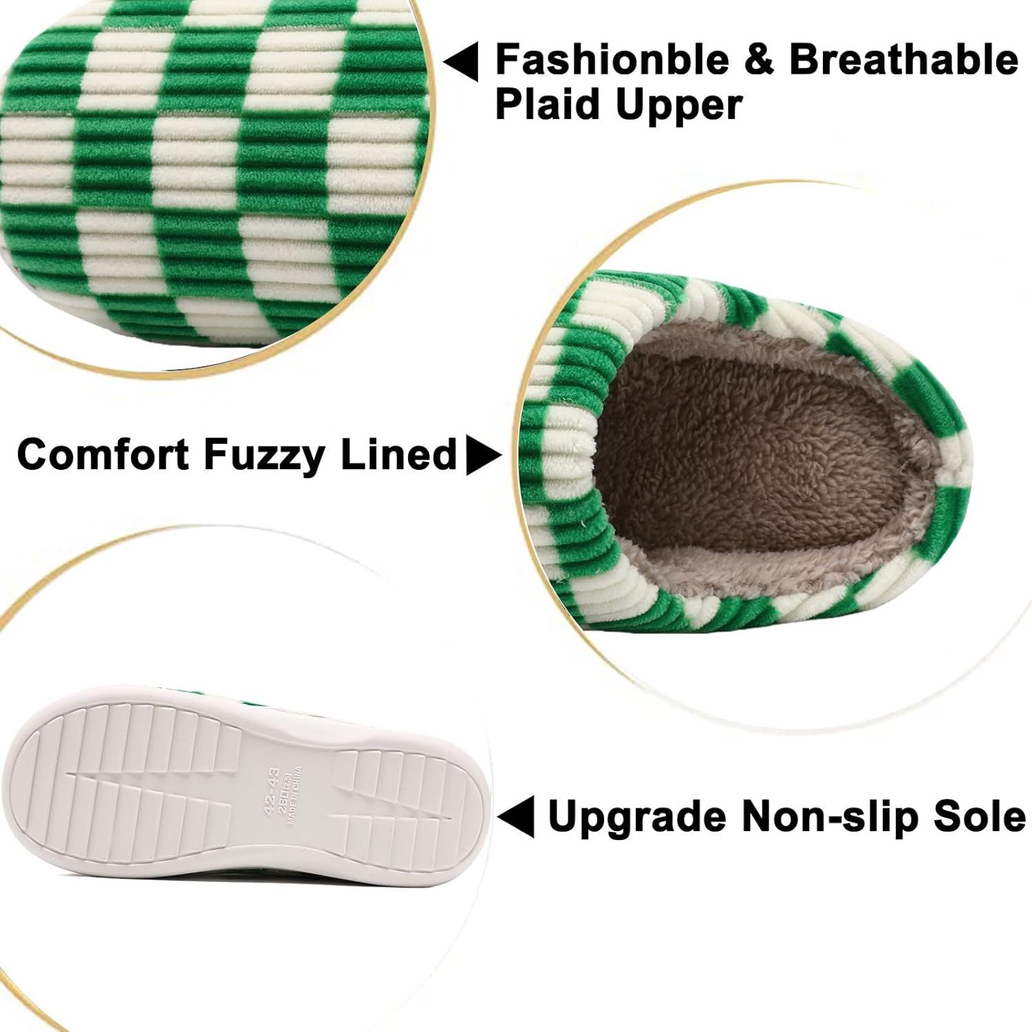 House Slippers for Woman Men, Fuzzy Checkered Mens Womens Slippers Warm Memory Foam House Shoes Indoor Outdoor with Faux Fur Lining - Image 4