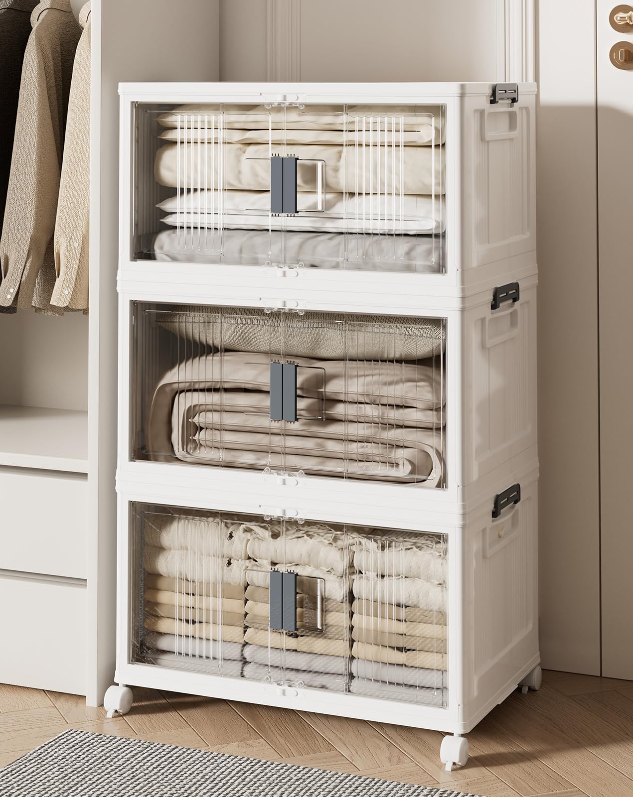 OlarHike 76QT Lockable Storage Bins with Lids - Folding Storage box with Doors and Wheels, Collapsible Plastic Bins for Closets, Stackable Organizer and Containers, Gifts, 3 Pack Cubes