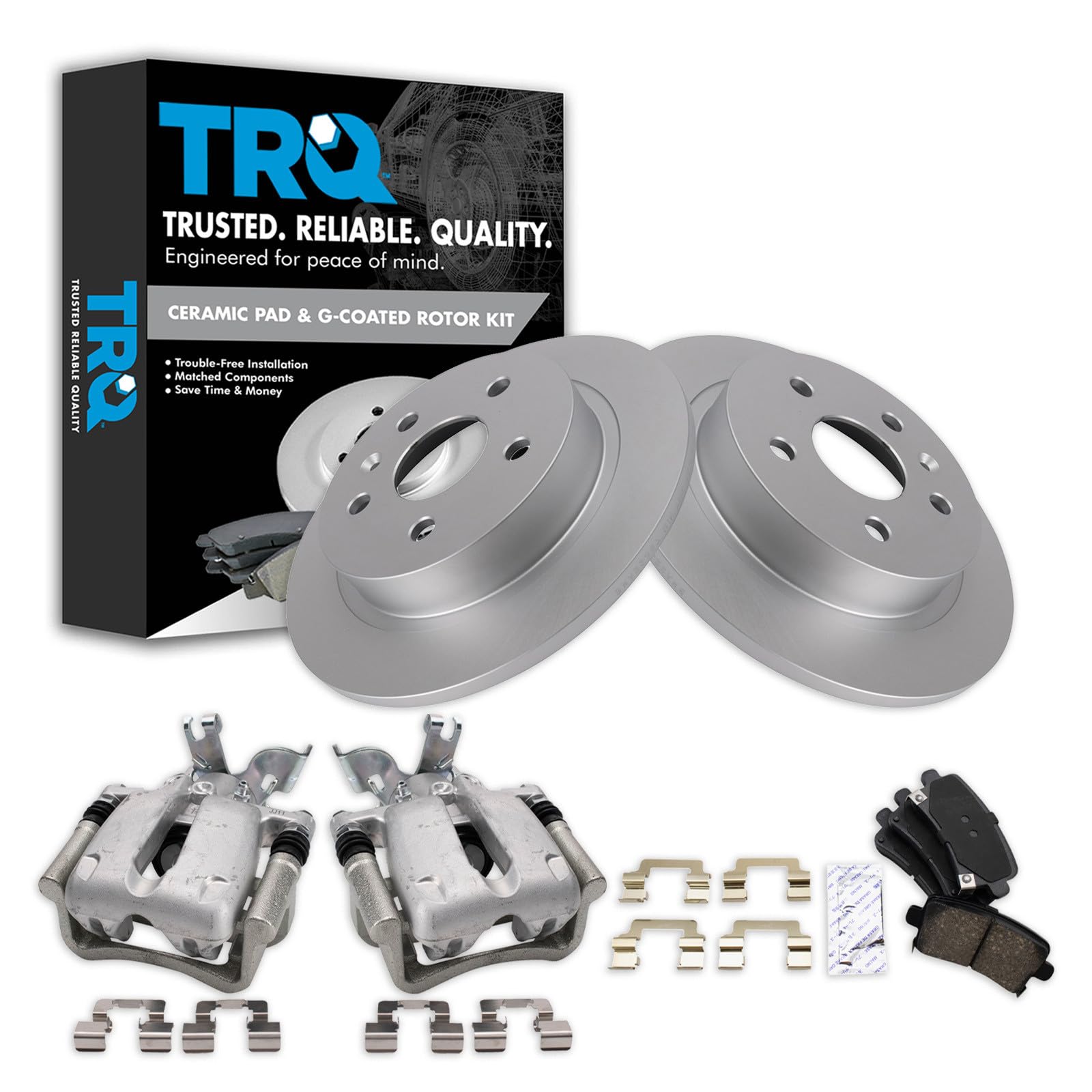 TRQ Rear Brake Pad and Rotor Set Ceramic Solid Rotors Calipers