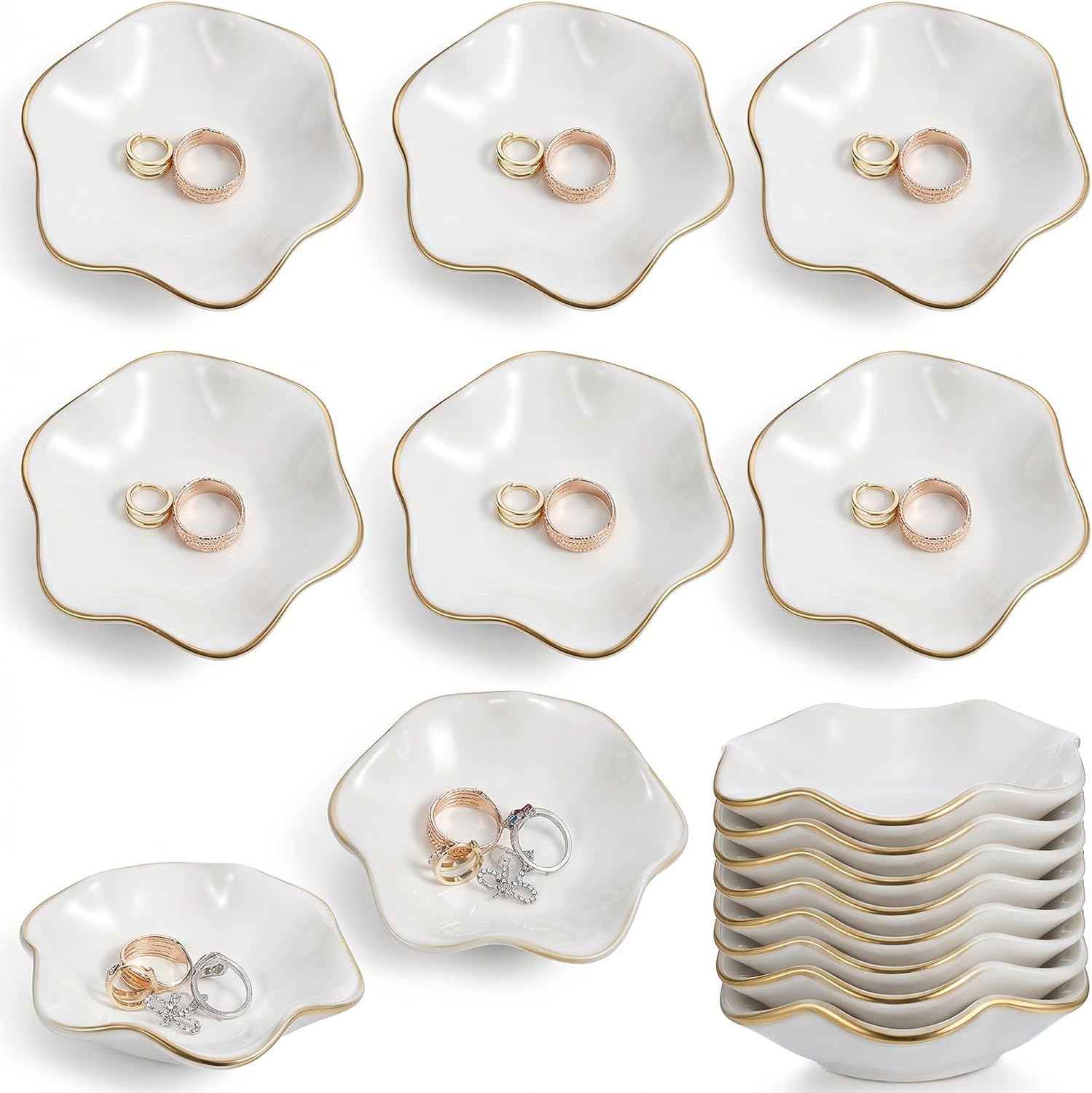 8 Pcs Small Jewelry Dish Bulk, Ceramic Jewelry Plate Dish Lotus Leaf Trinket Tray for Rings, Earrings, Keys, Coins, White, 4.33 x 4.33 x 1.18 Inches, Ideal for Bedside Table, Vanity, Bathroom