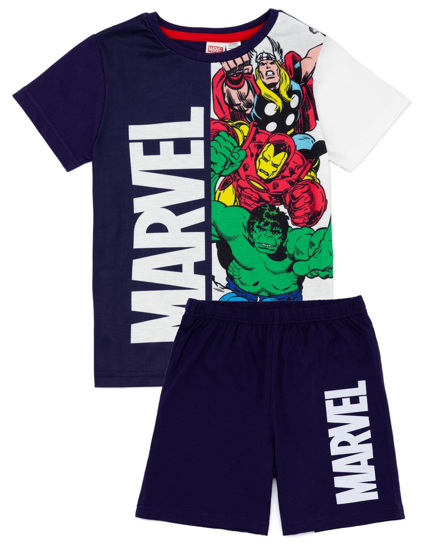 Marvel Boys Pyjama Set | Multicoloured Short Sleeve T-Shirt & All Over Print Shorts PJs For Kids | Thor, Iron Man, Hulk & Captain America Superhero Sleepwear | Movie Comic Books Nightwear Gift