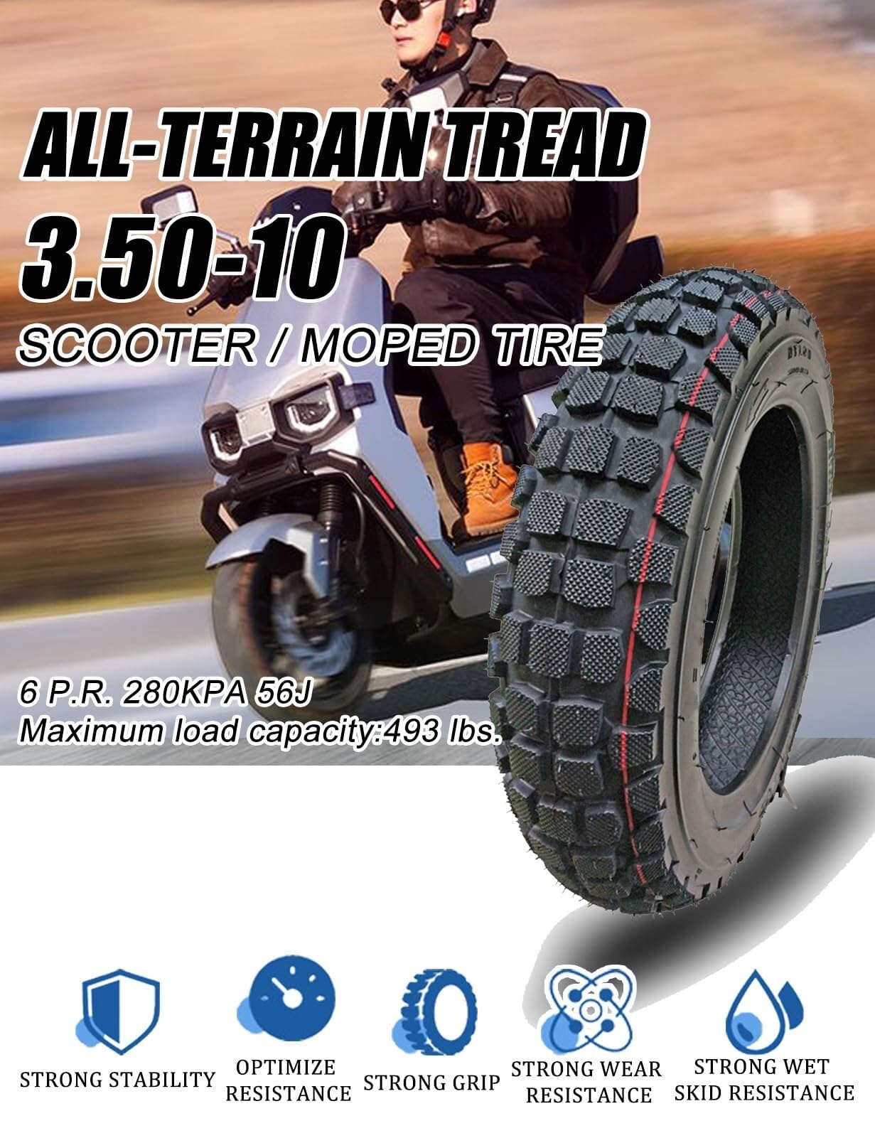 3.50-10 Tubeless-Reifen All-Terrain-Profil 3.50/10 6PR 56J 3.50 10 493lbs 280kPa für E-Roller E-Bike 90/90-10