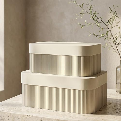 Cajas de almacenamiento decorativas con tapas: juego de 2 hermosos cubos organizadores de cartón acanalado para la decoración de estanterías de tu