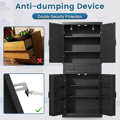 Miniatura 9 de Armario de despensa de cocina de 72 pulgadas de alto, armario de almacenamiento de despensa negro con estantes ajustables, puertas de granero