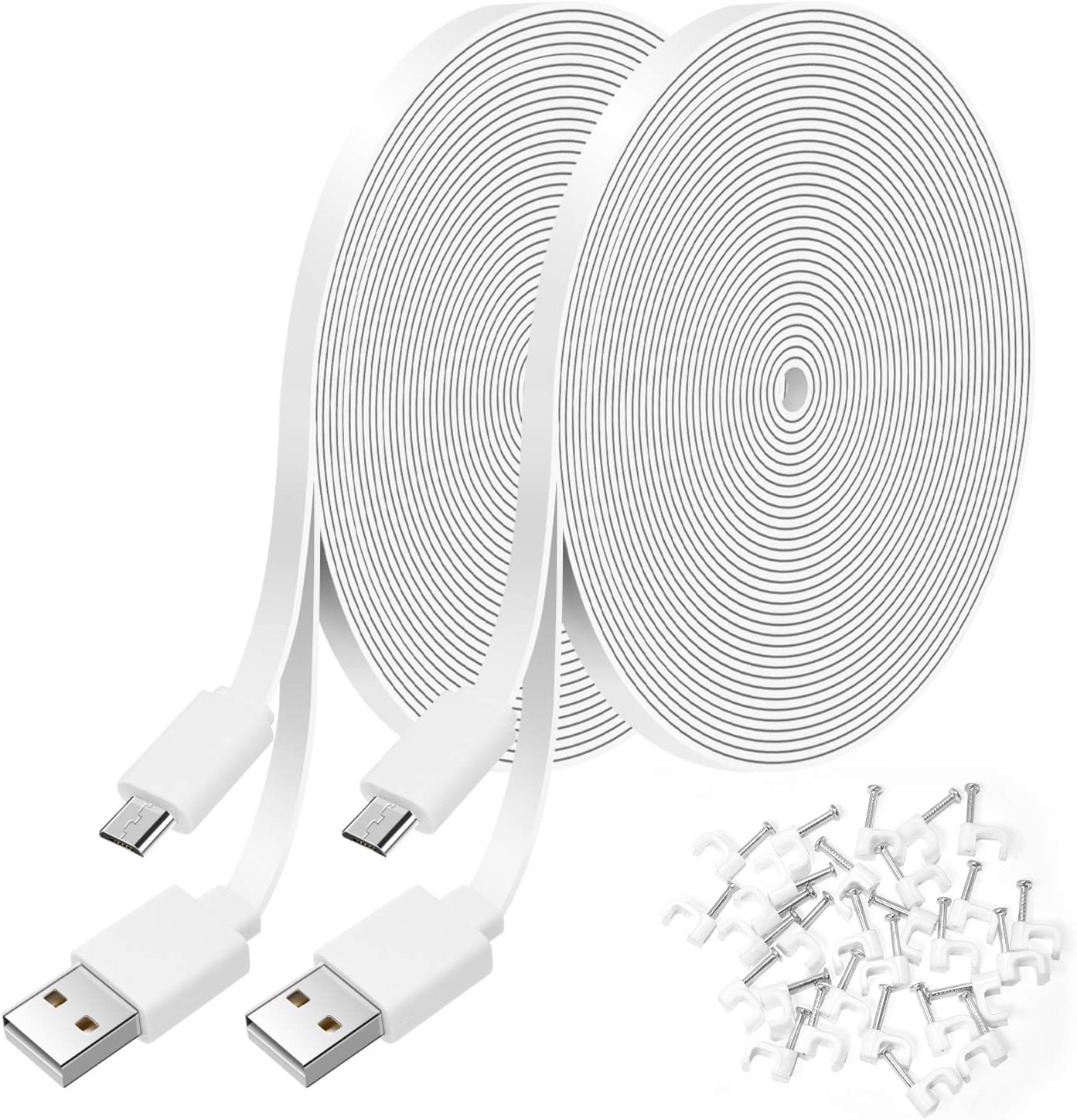 2 Pack 26FT Flat Power Extension Cable for WyzeCam, for WyzeCam V3, for WyzeCam Pan, for KasaCam NestCam Indoor, for Yi Cam, for USB to Micro USB Charging and Data Sync Cord with Wire Clips