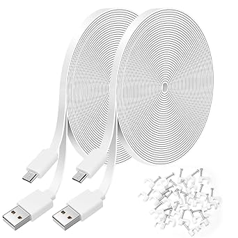 FASTSNAIL 2 Pack 26FT Flat Power Extension Cable Compatible with WyzeCam, WyzeCam Pan, KasaCam Indoor, NestCam Indoor, Yi Camera, Blink, USB to Micro USB Charging and Data Sync Cord with Wire Clips