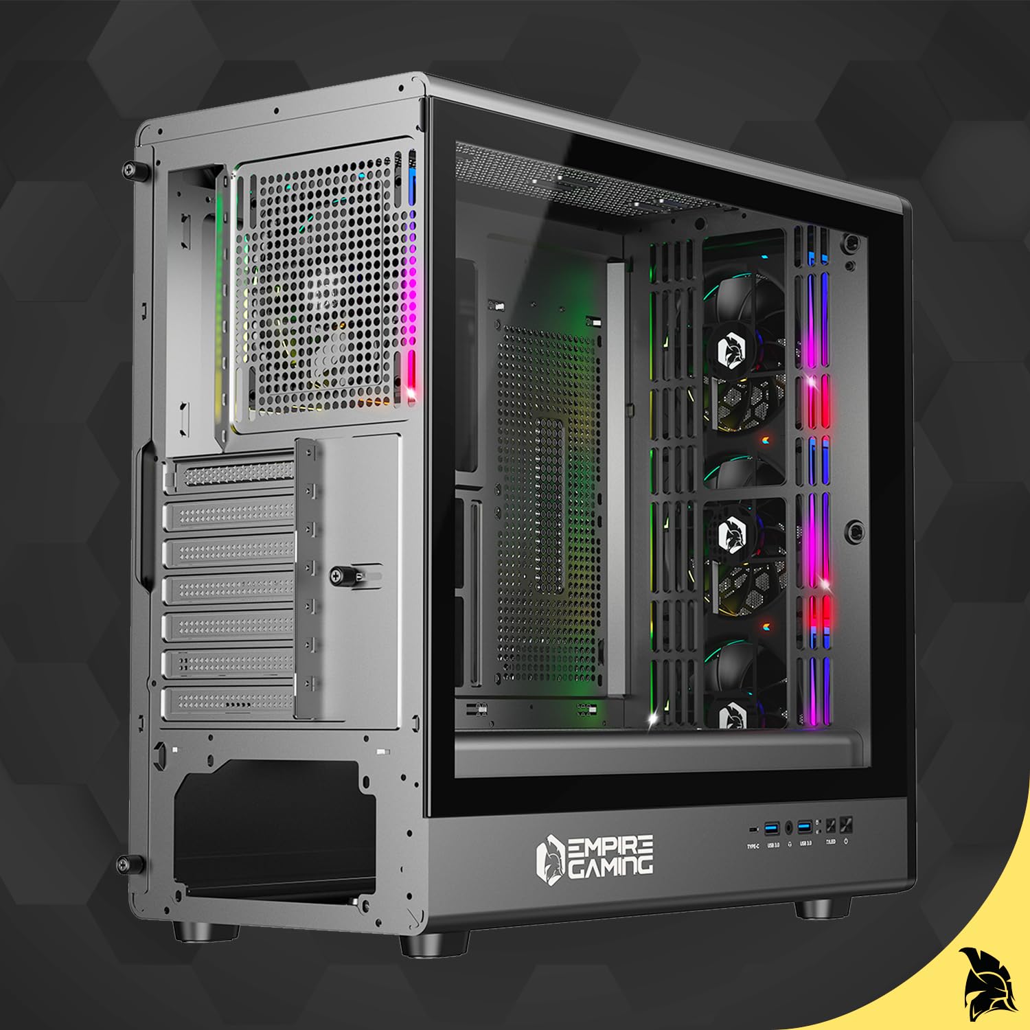 EMPIRE GAMING EC257 Case PC Gaming Mid Tower ATX/mATX/ITX, Frontale Mesh Airflow, 4 Ventole ARGB 120 mm Preinstallate con HUB PWM, Vetro Temperato, GPU 420 mm, Watercooling 360 mm，USB C