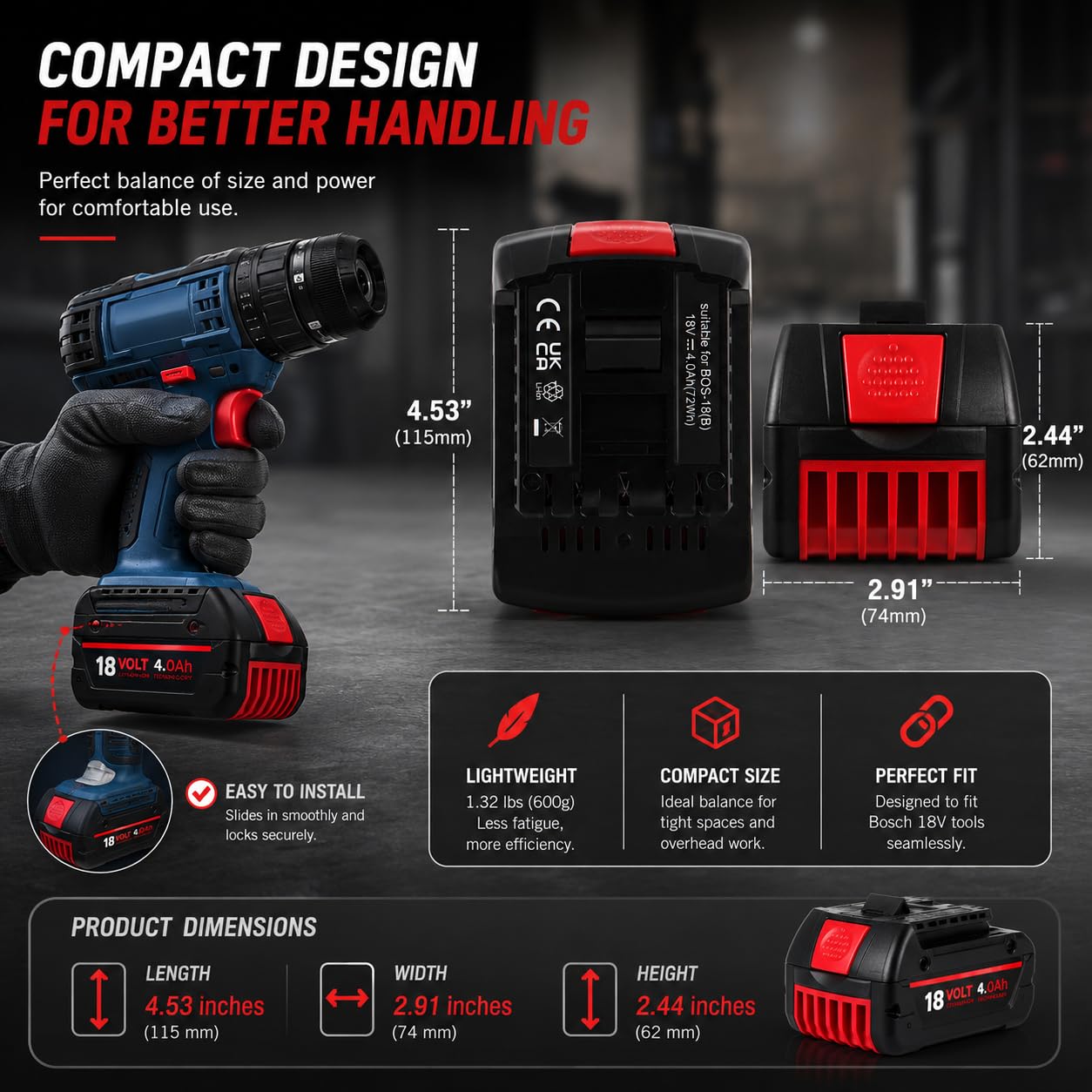 Batería de Repuesto BAT609 de 4 Ah para Bosch, batería GBA de 18 V Compatible con Bosch BAT619 BAT609G BAT618 BAT610G baterías para Herramientas inalámbricas,baterías de Iones de Litio de Recargable | Compatible con herramientas inalámbricas Bosch de 18 V