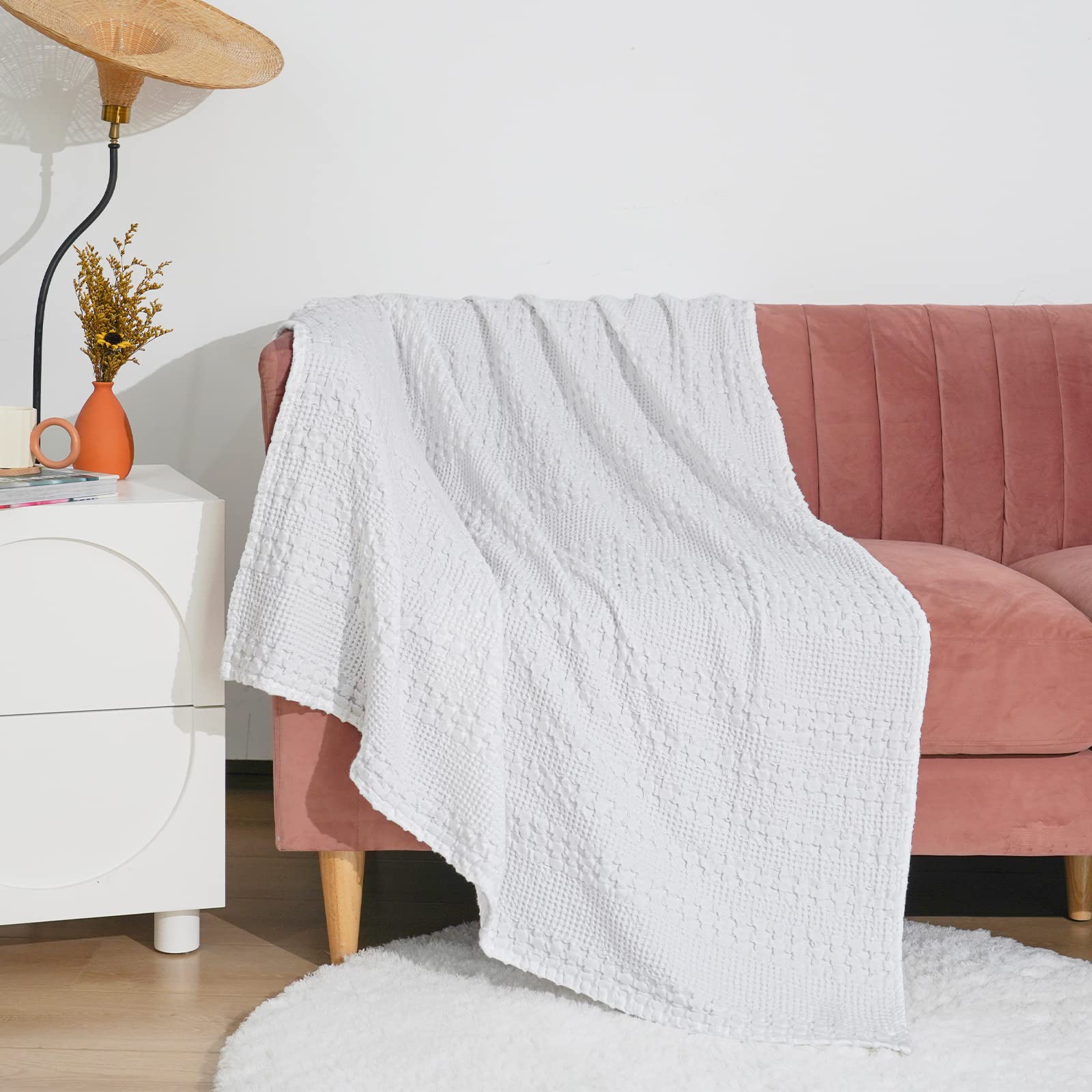 PHF 100% Cotton Waffle Weave Throw Blanket - Washed Soft Lightweight Blanket for All Season - Breathable and Skin-Friendly Blanket for Couch Bed Sofa 50"x60"- White