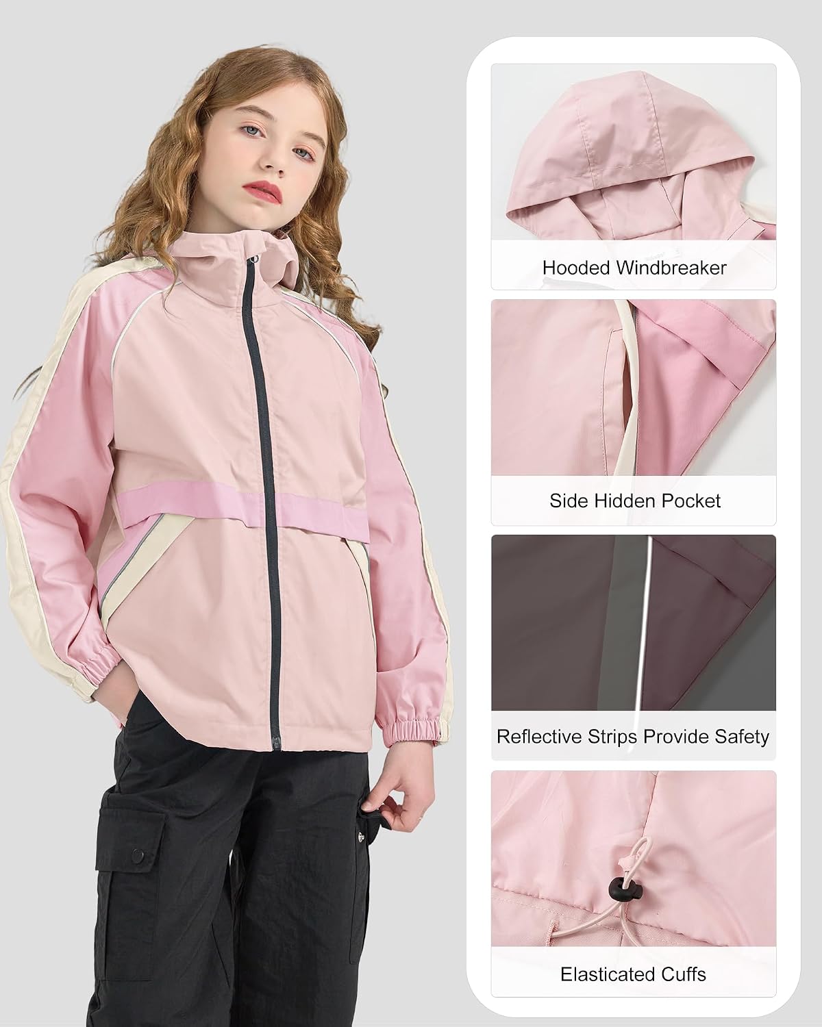 Rolanko Girls Windbreaker Jacket Lightweight Water Resistant Hooded Outwear Jacket for Kids Boys Outdoor Hiking School Travel